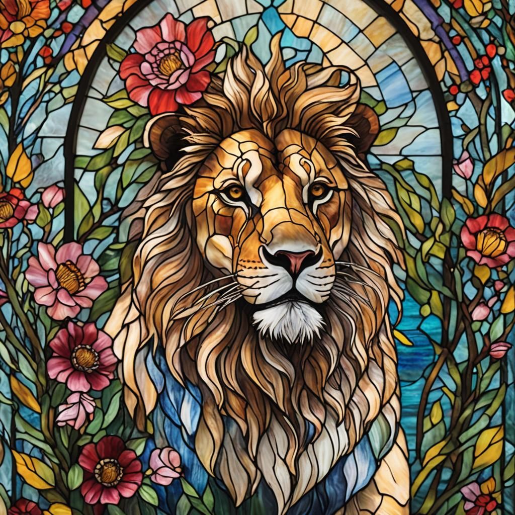 Hyperrealistic Stained-Glass Lion with Flowers and Birds