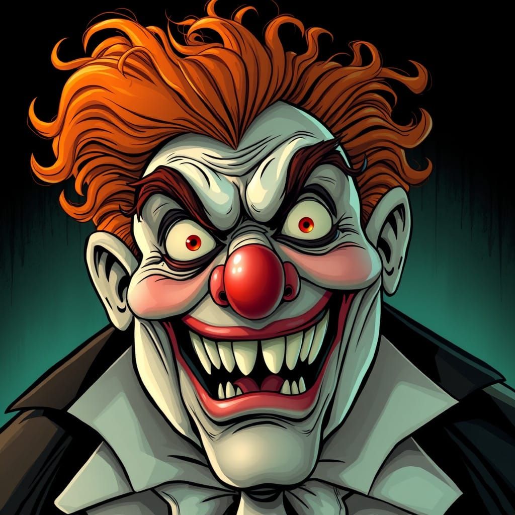 Cartoonish Villain with Cleft Chin and Wild Orange Clown Hai...