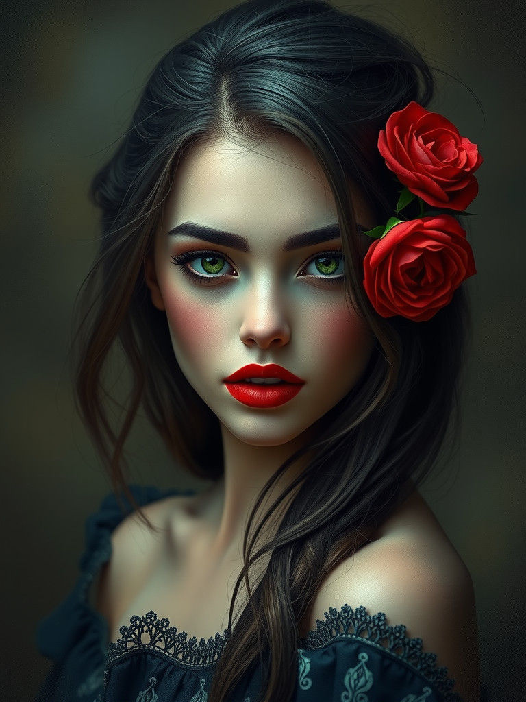Brunette with Rose: Dreamworld Portrait in High-Fantasy Styl...