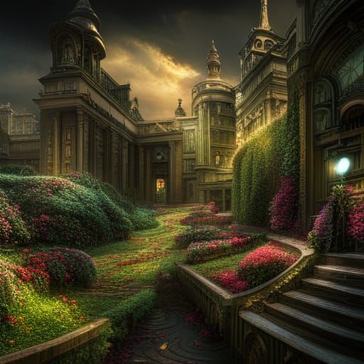 Epic Flower Maze in Digital Matte Painting Style
