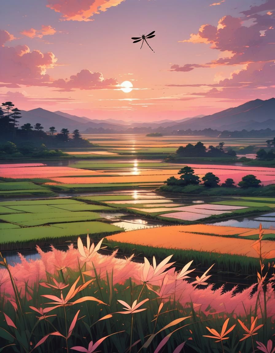 Japanese Rice Paddies at Sunset: Anime Style