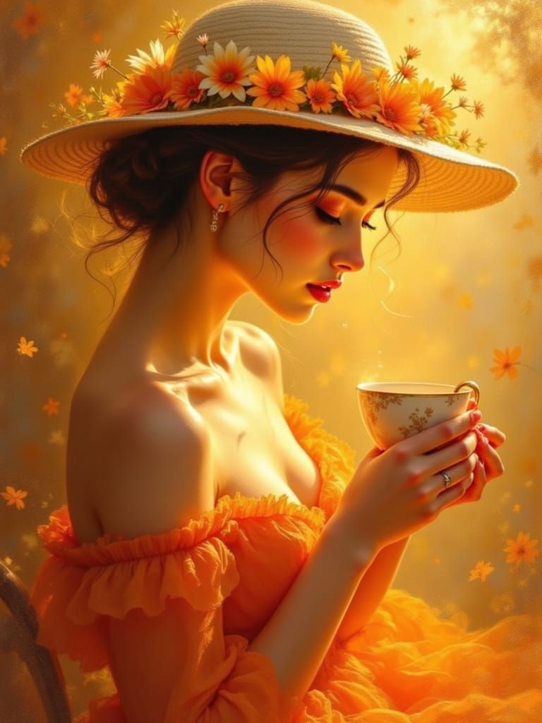 Romantic Portrait of Woman with Teacup in Classical Style