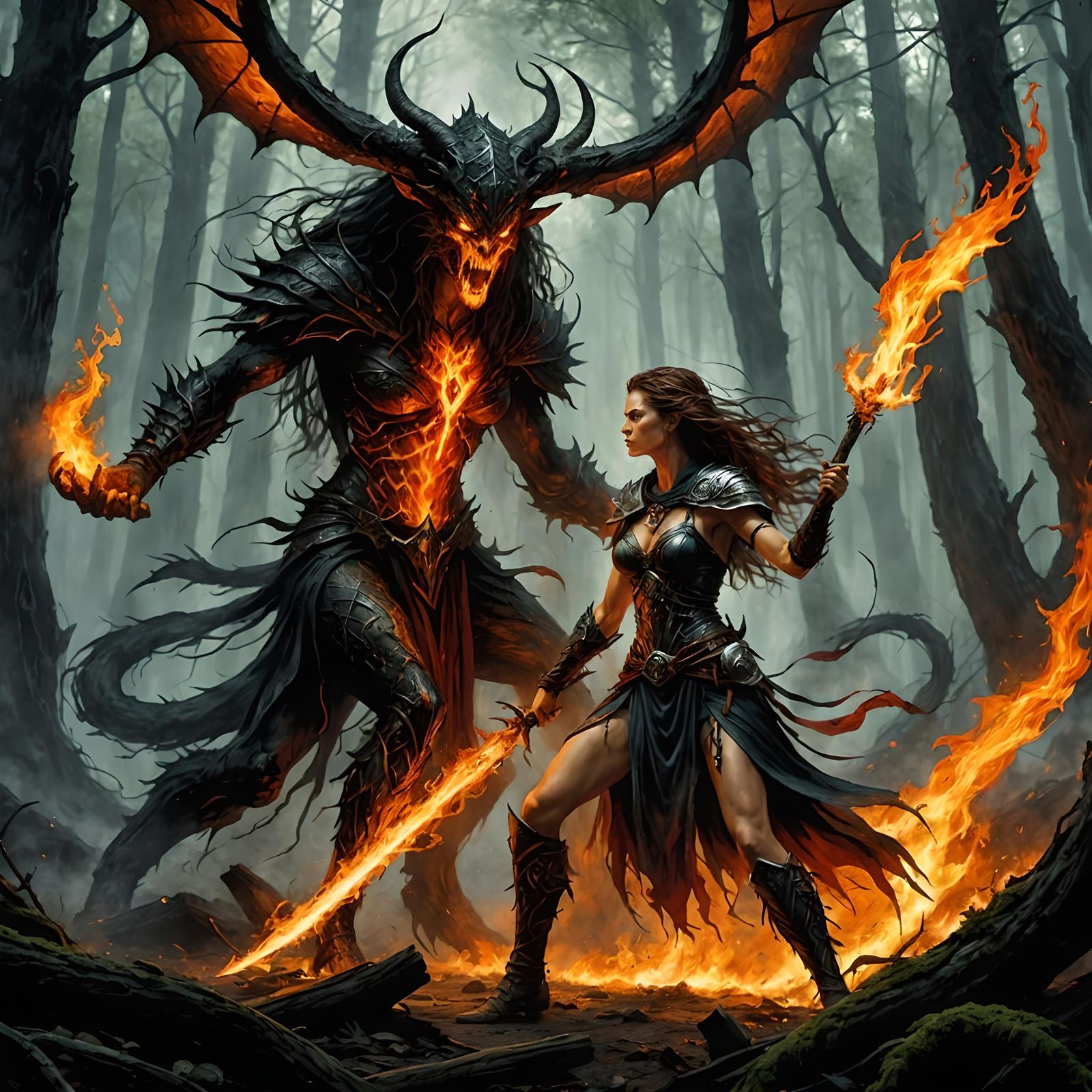 Druid vs Flame Demon in Dark Fantasy Comic Art