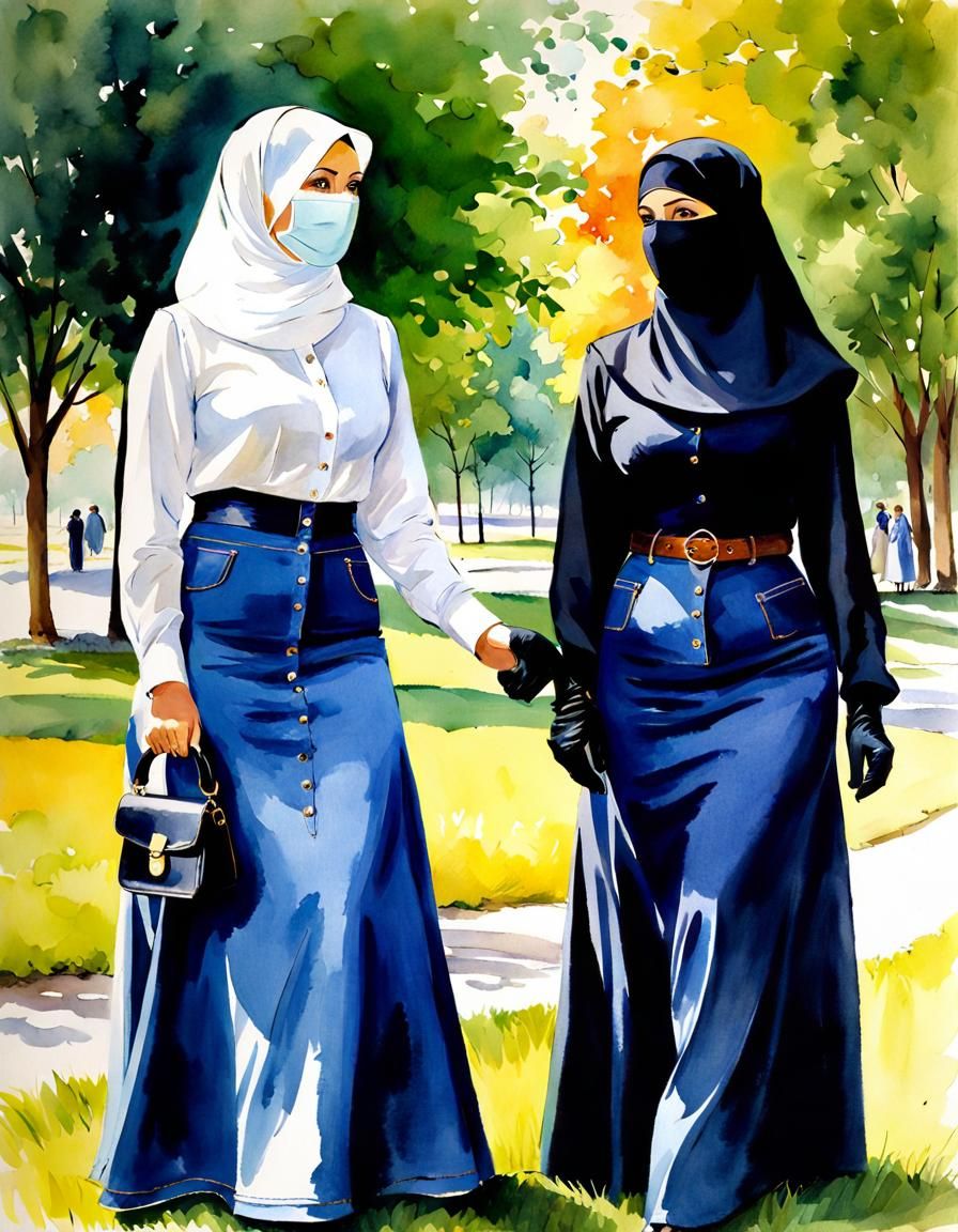 Two Niqabi Teachers in Park as Watercolor Painting