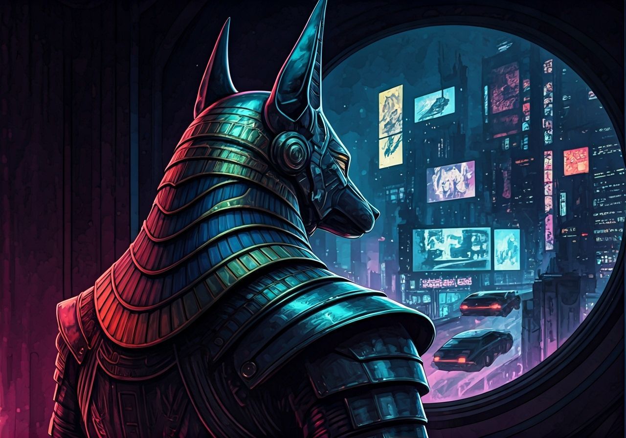 Anubis in Cyberpunk Cityscape: Graphic Novel Illustration