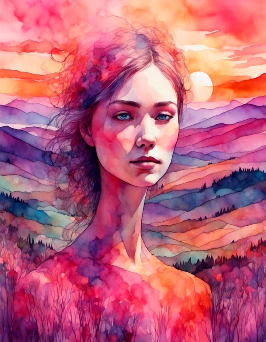<lora:Double Exposure:1.0> <lora:Liquid Ink:1.0> A woman's face transforms into a mystical, dreamlike 3D watercolour lan...