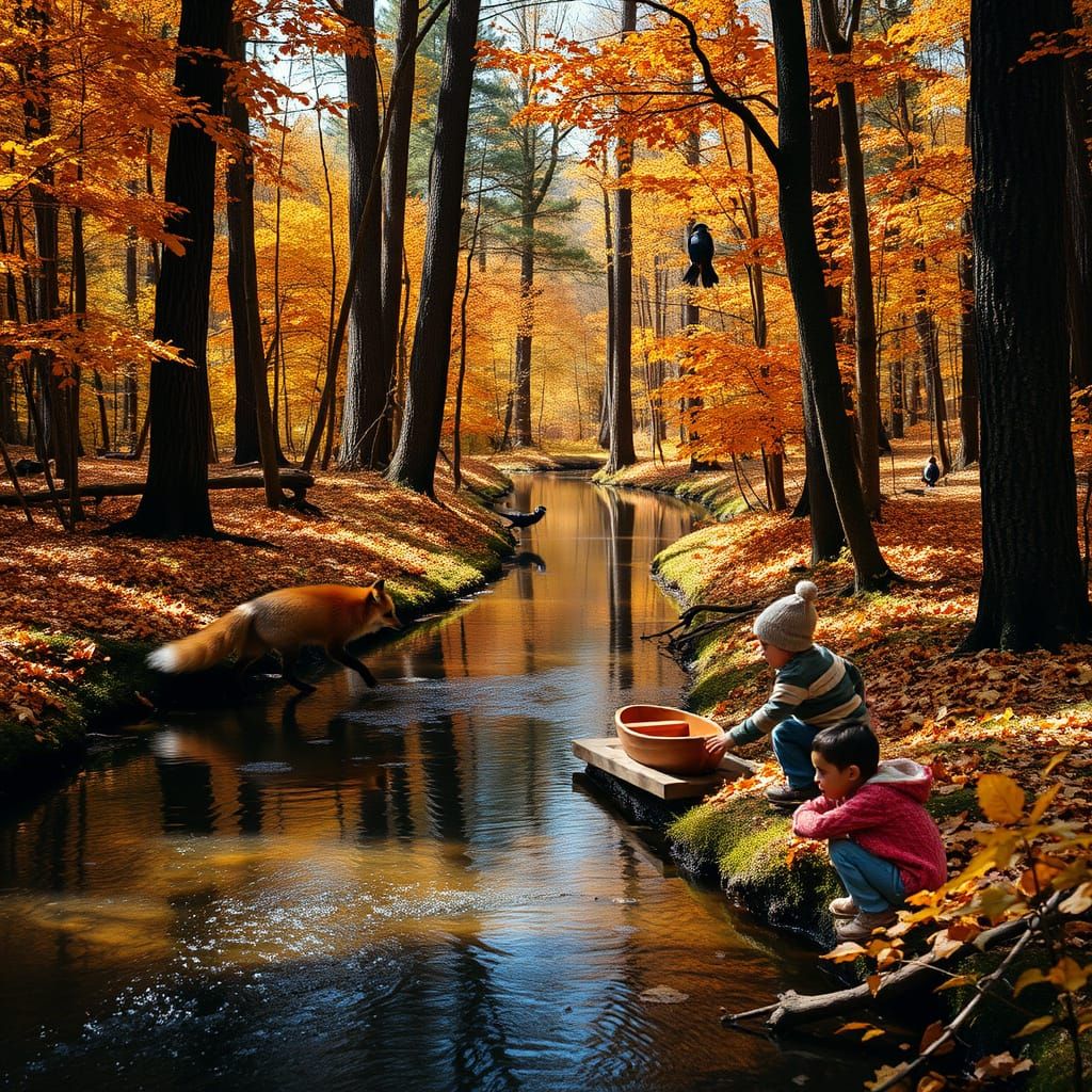 Autumn Forest Scene with Fox and Wooden Boat