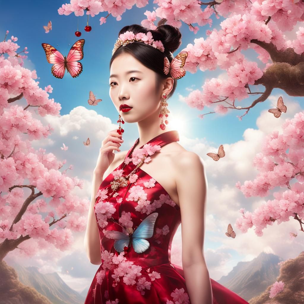 Chinese Girl with Blossoms and Butterfly