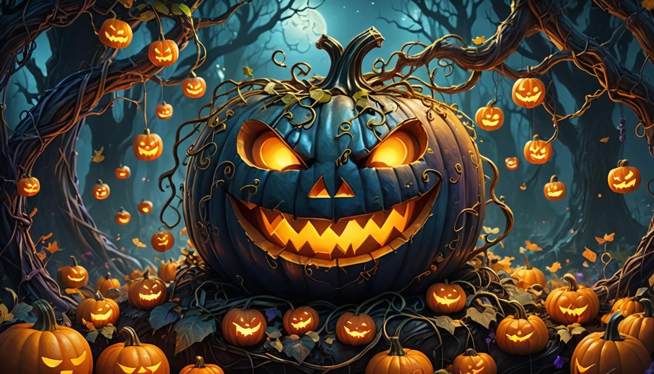Smiling Halloween Pumpkin in Mystical Forest