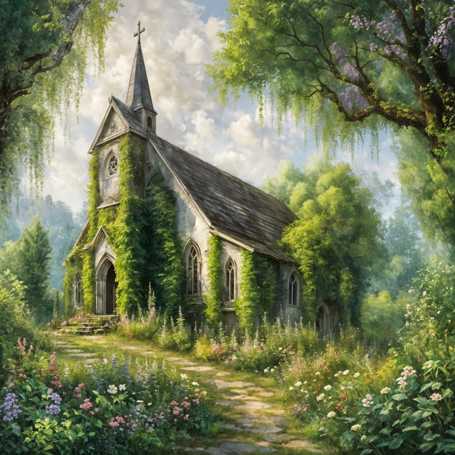 Impressionistic Overgrown Church in Detailed Painting