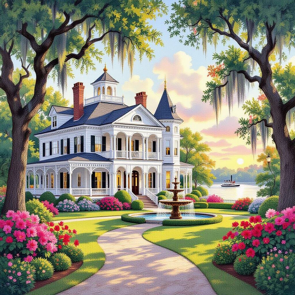 Grand Southern Mansion with Lush Gardens and Bayou Sunset