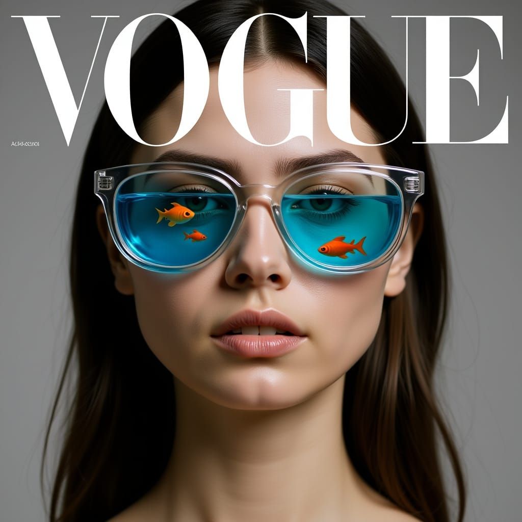 Surreal Vogue Cover: Woman with Goldfish Glasses