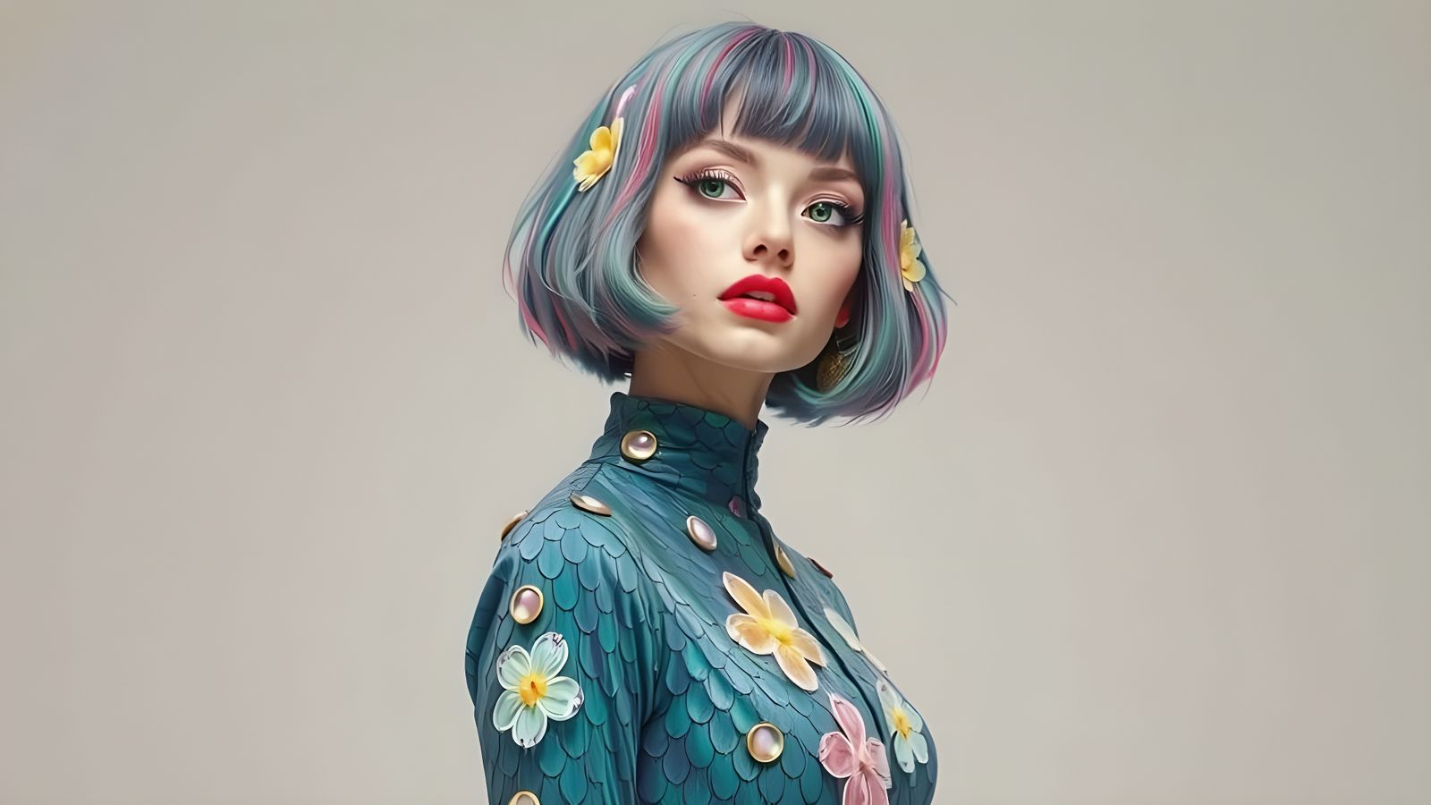 Woman with Turquoise Bangs and Platinum Makeup