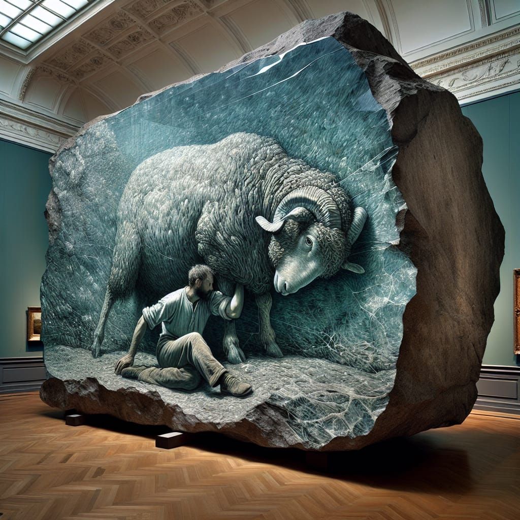 A Man and Sheep on Rock-Glass Slab, in a Post-Impressionist...
