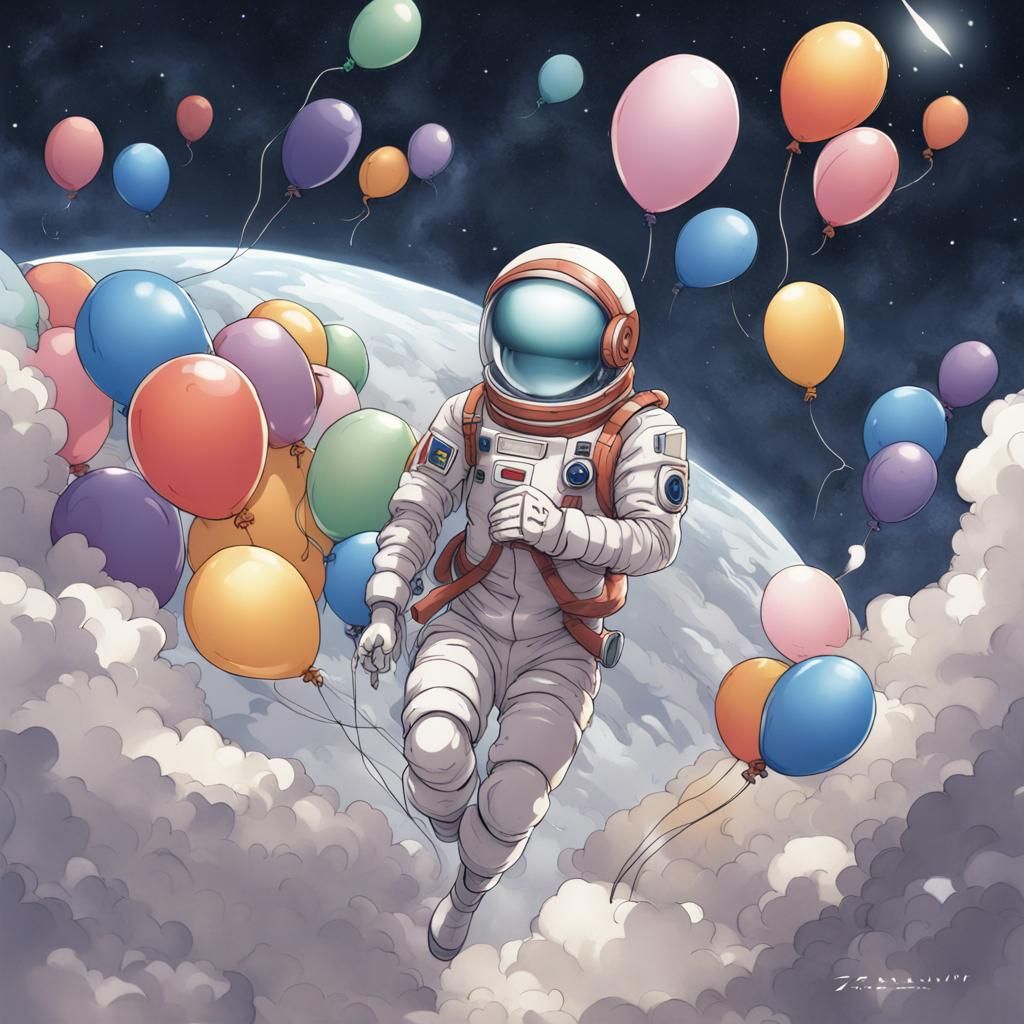 Astronaut Ascends to Space with Balloons: Anime Art