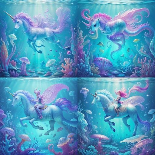Magical Underwater Scene: Unicorns, Fairies, and Sea Creatur...