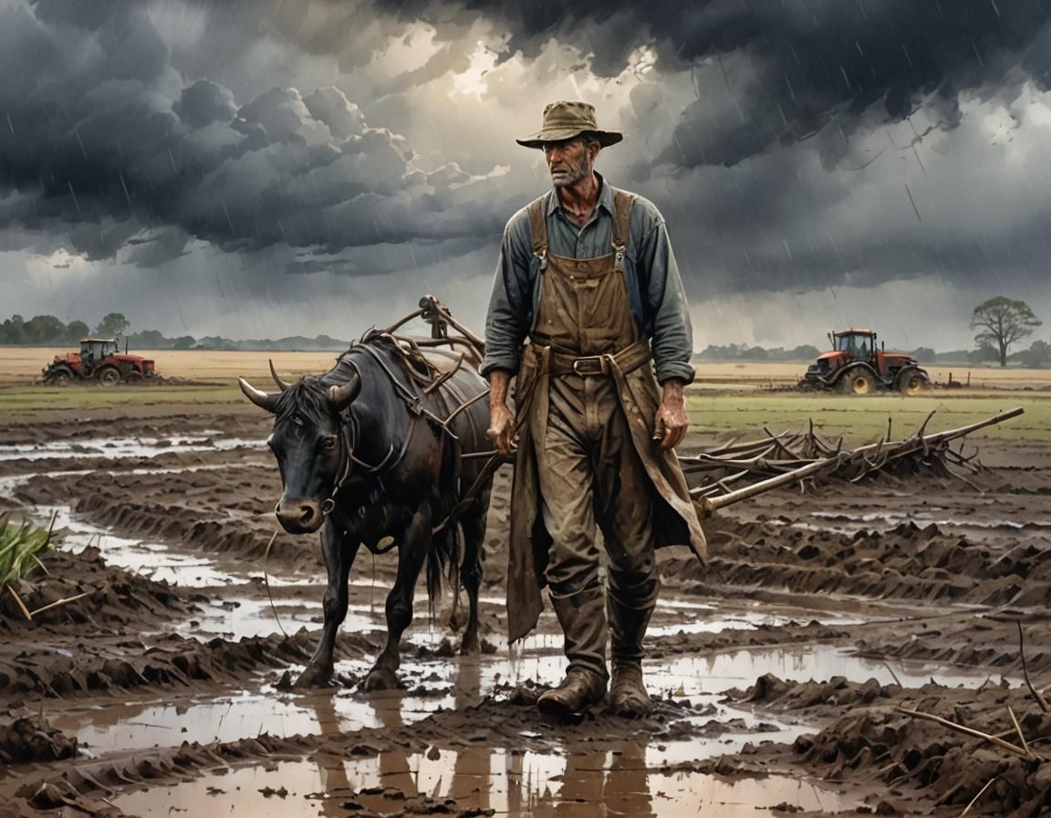 Muddy Farmer Struggles Through Stormy Landscape
