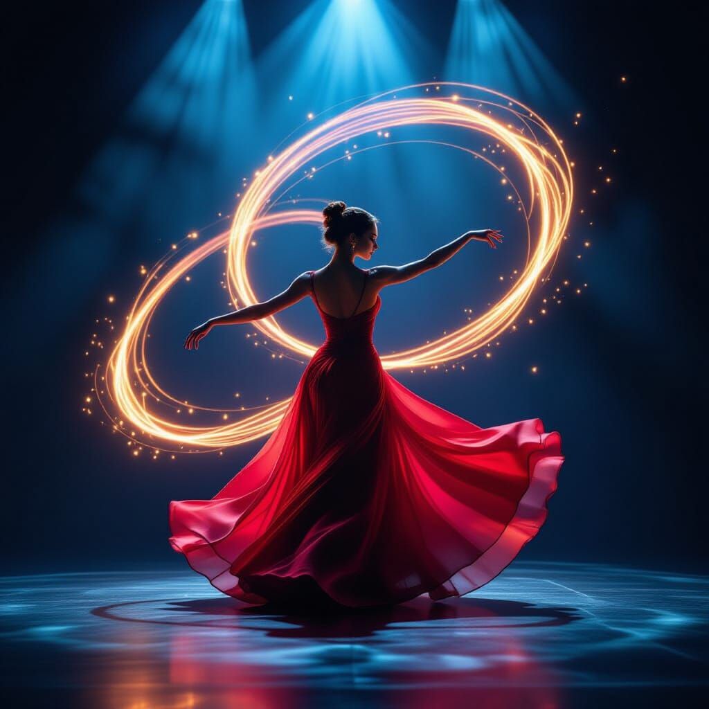 Dancer Creates Ethereal Light Swirls in Crimson Gown