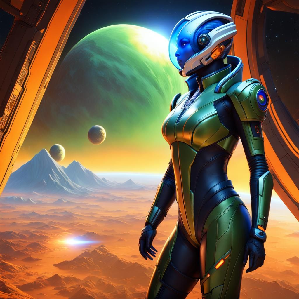 Asari Woman in Futuristic Armor Floating in Space