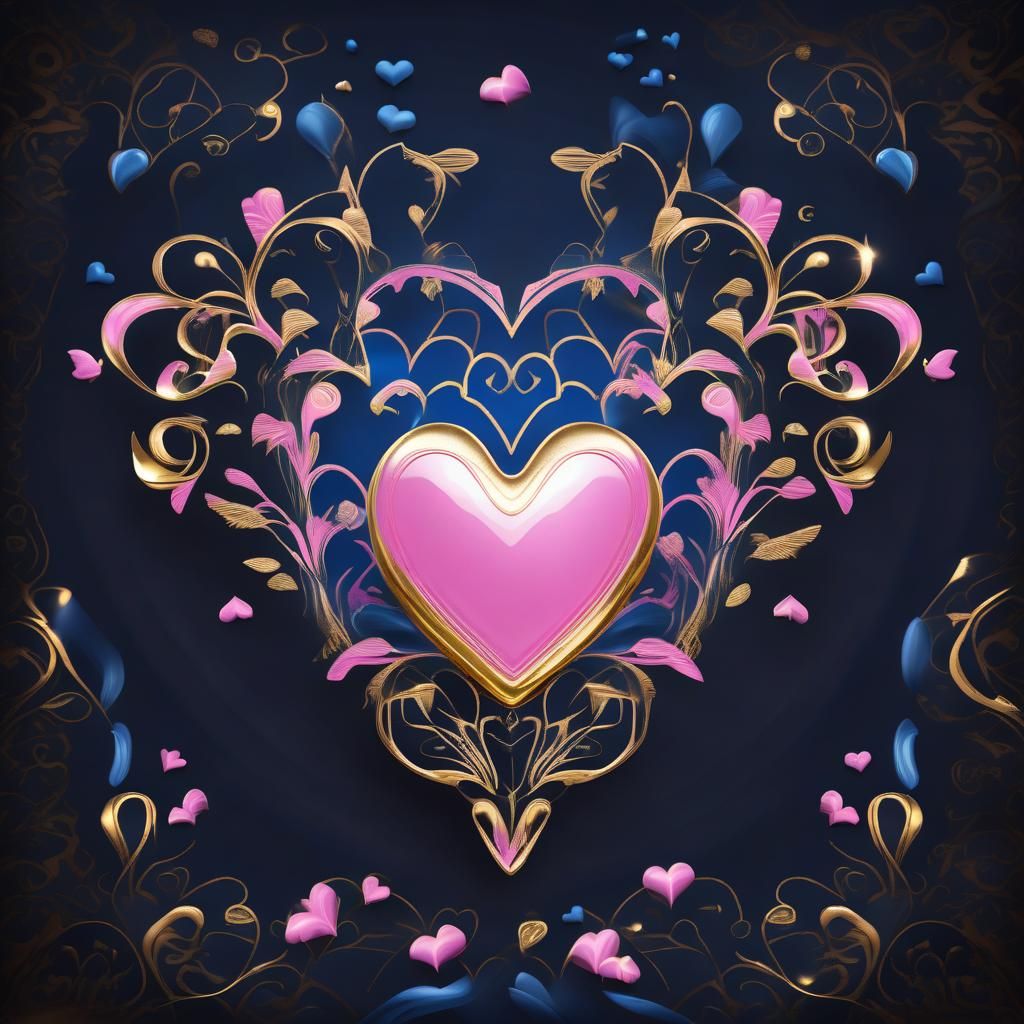 Golden Love Hearts with Pink and Blue