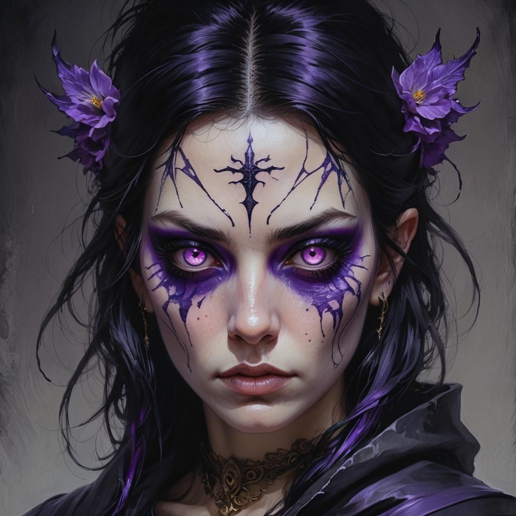 Girl with Purple Eyes and Luminous Tattoos