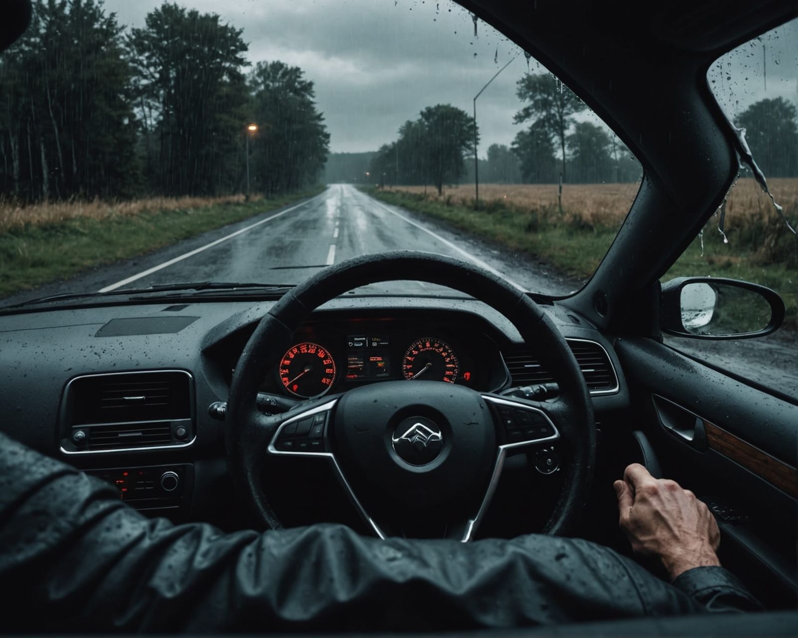Tense Man Gripping Steering Wheel in Noir Style