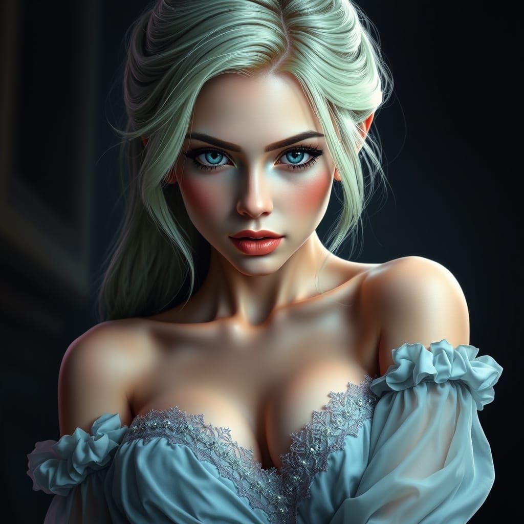 Beautiful Woman Portrait with Green Hair, Detailed Digital A...