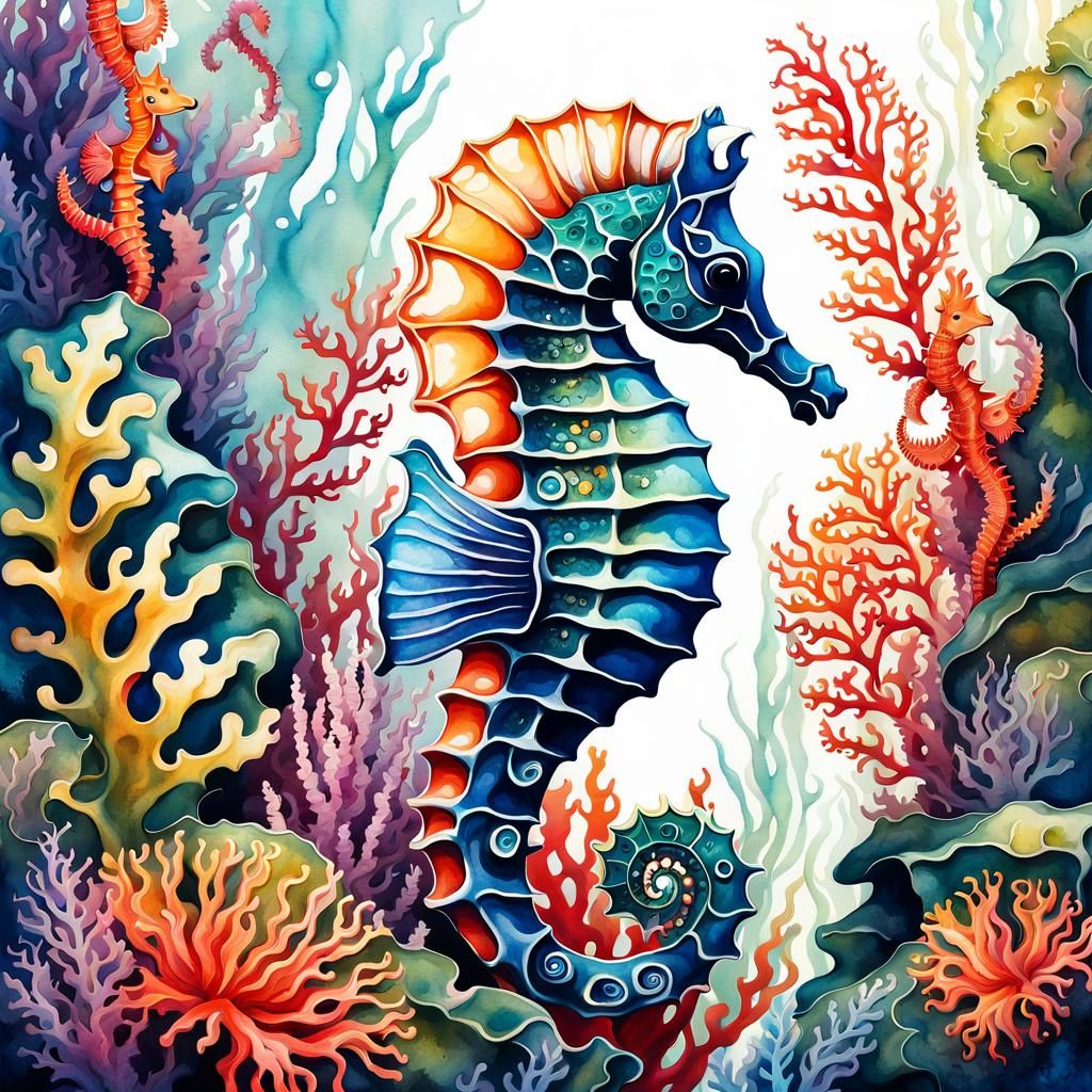 Intricate Seahorse in Coral Reef, Aquarelle Painting