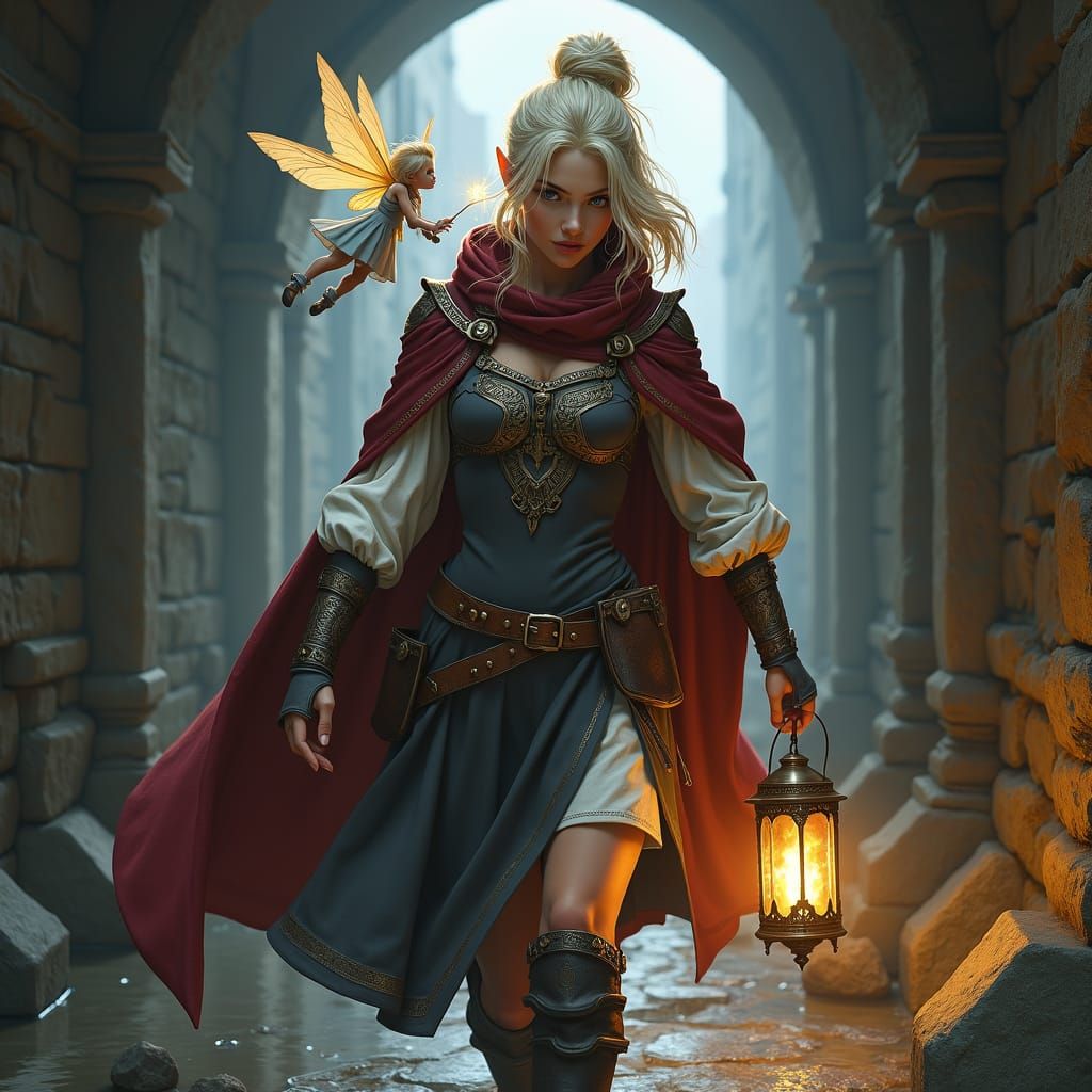 Half-Elf Rogue in Sewer with Pixie: Moody Fantasy Art