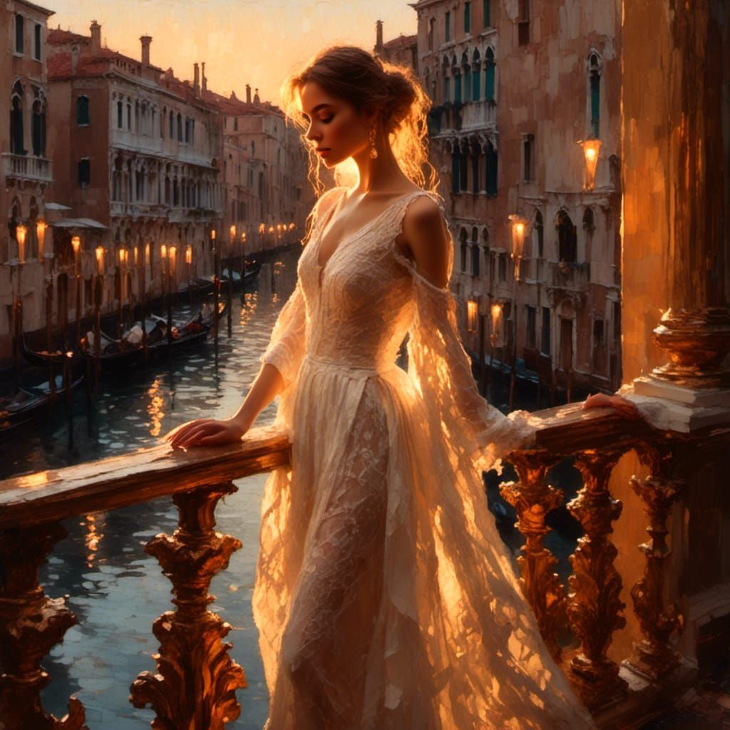 Venice Balcony Scene in Romantic Realism Style
