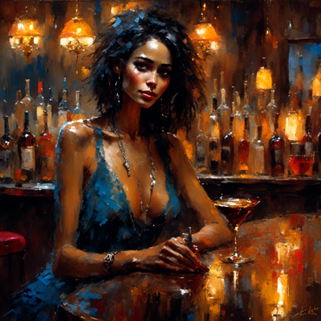 Exotic Woman in Dark Bar, Impasto Style