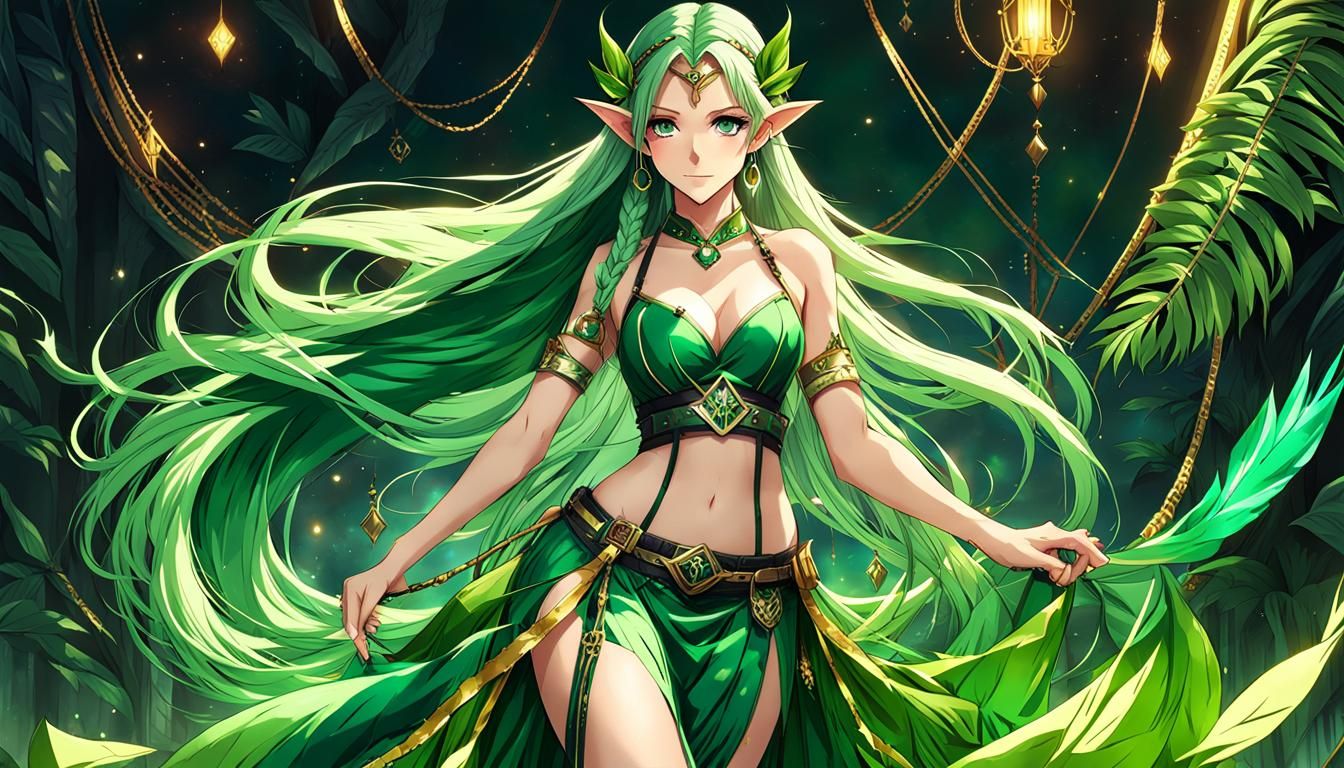 Green-Eyed Elf Dancer in Anime Style