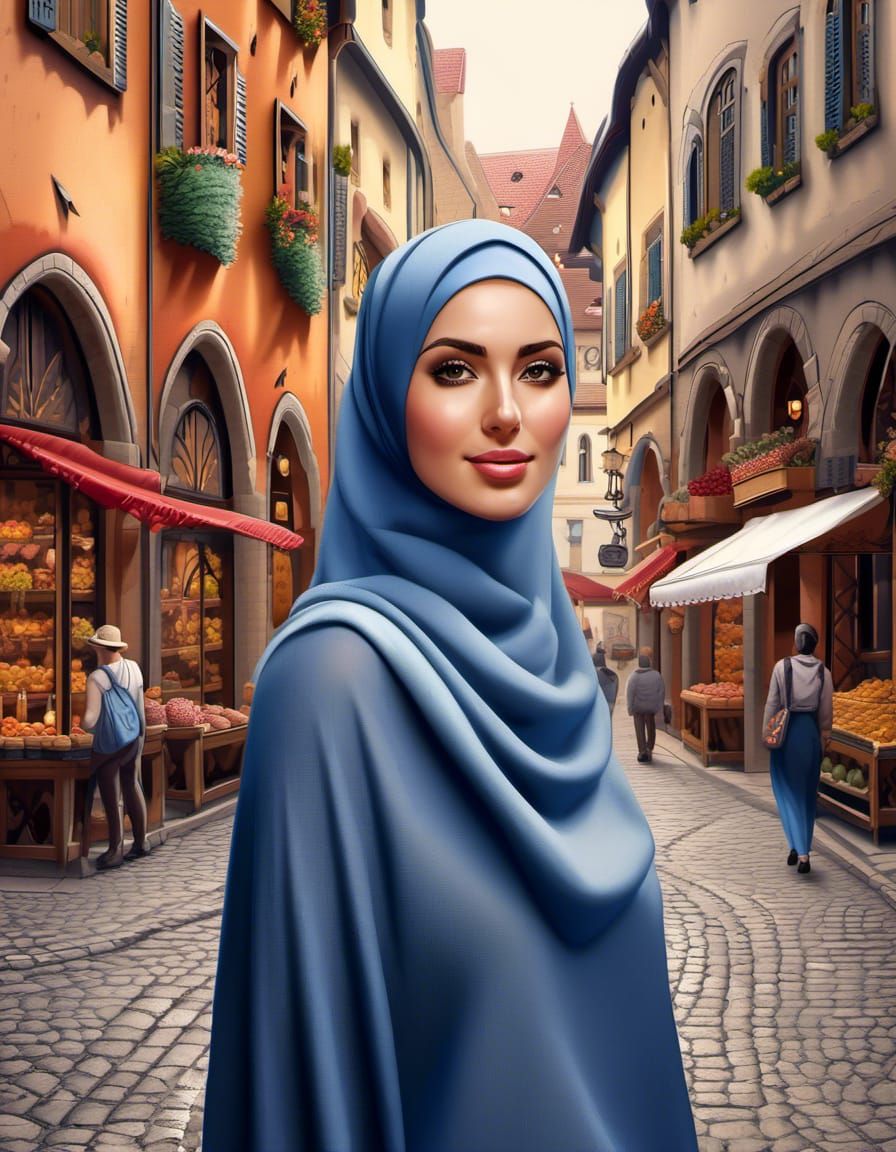 Surreal Portrait of a Curvy Hijabi Market Woman in a Medieva...