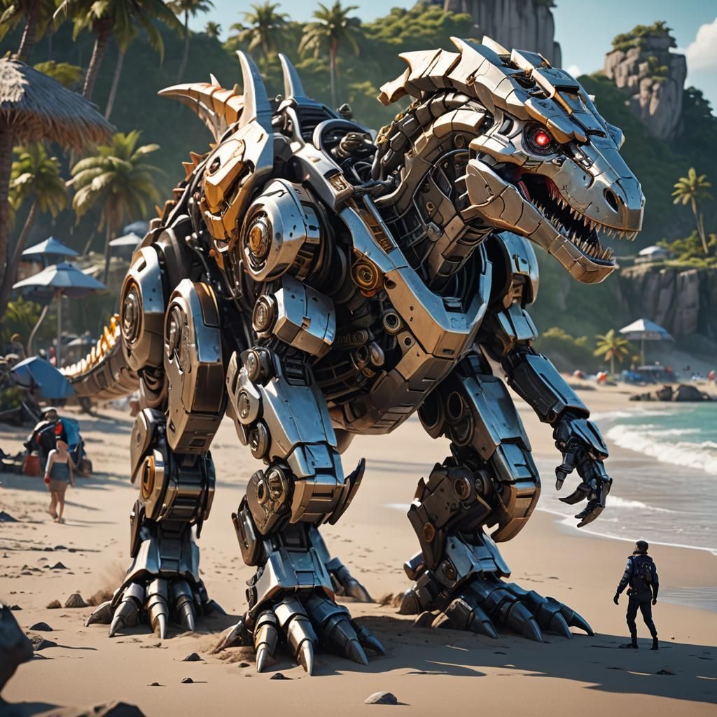 Mecha Dinosaur on Beach in Sci-Fi Style
