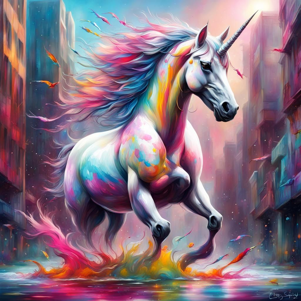 Feathered Unicorn Swimming in Futuristic Graffiti Art
