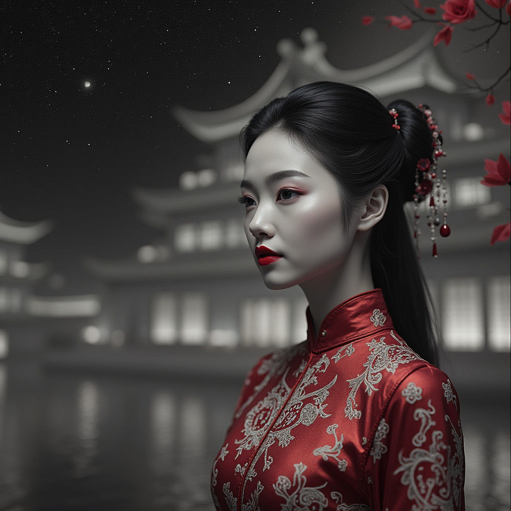 Chinese Model in Cheongsam: Ethereal Black and White Photo