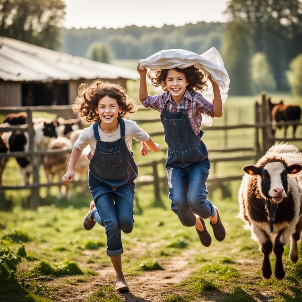 Joyful Rural Life: Girl and Brother with Farm Animals