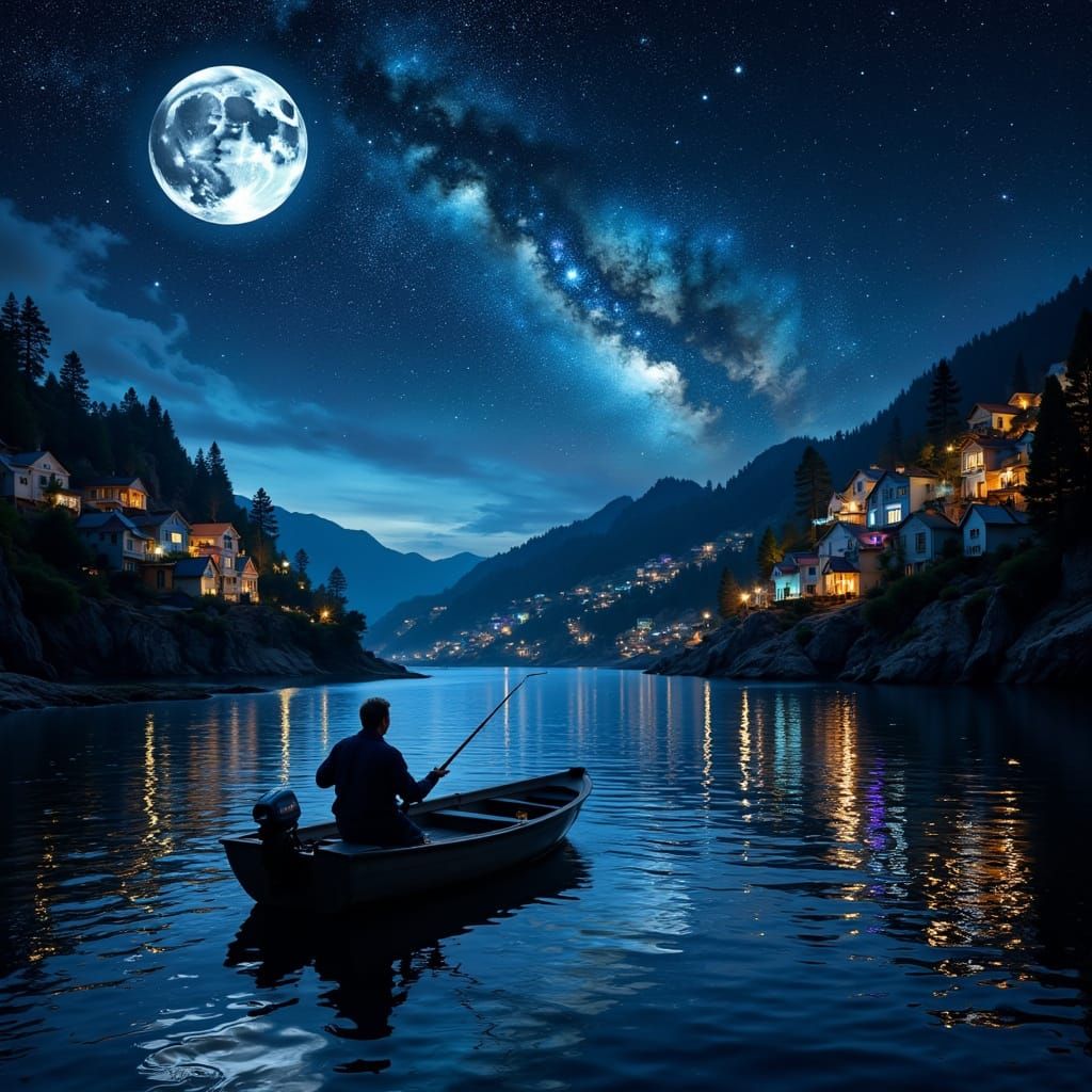 Moonlit River Fisher in Vibrant Hues