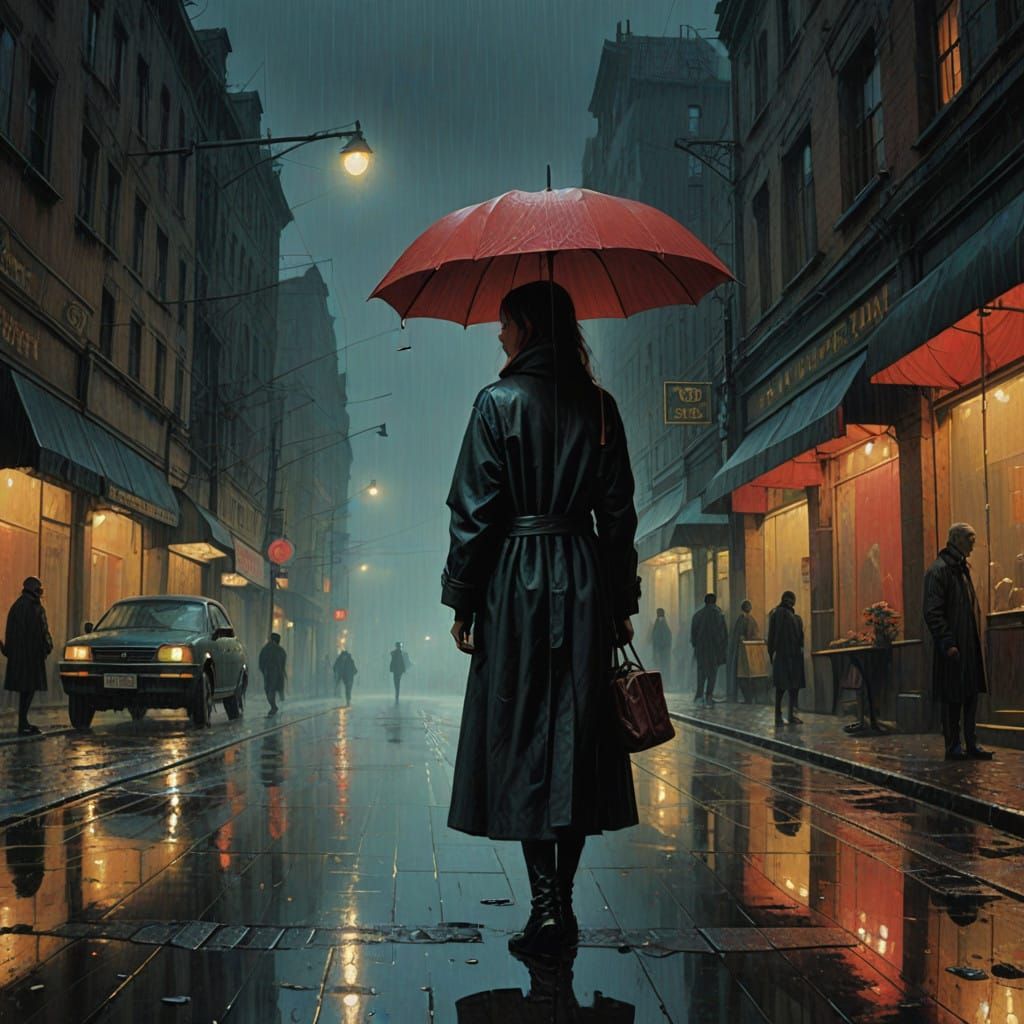 Rain-Soaked Woman Under Dystopian Streetlamp