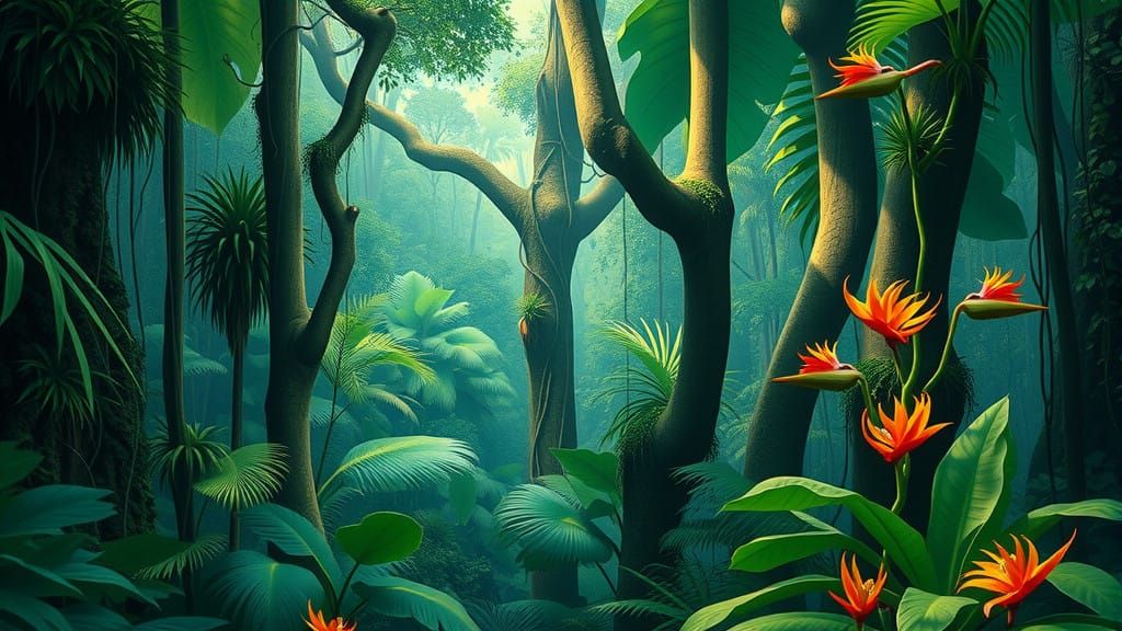 Emerald Rainforest Teeming with Exotic Tropical Life