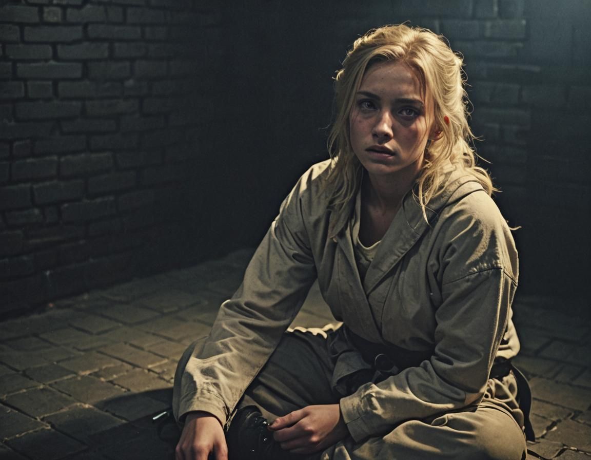 Eerie Dungeon Portrait of Woman in Straitjacket