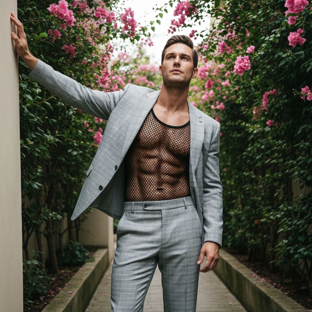 Stylish Man Poses in Lush Garden Pathway in Checkered Suit