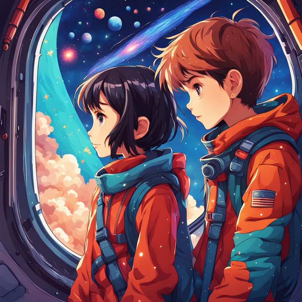 Anime Children Admire Galaxy From Rocket