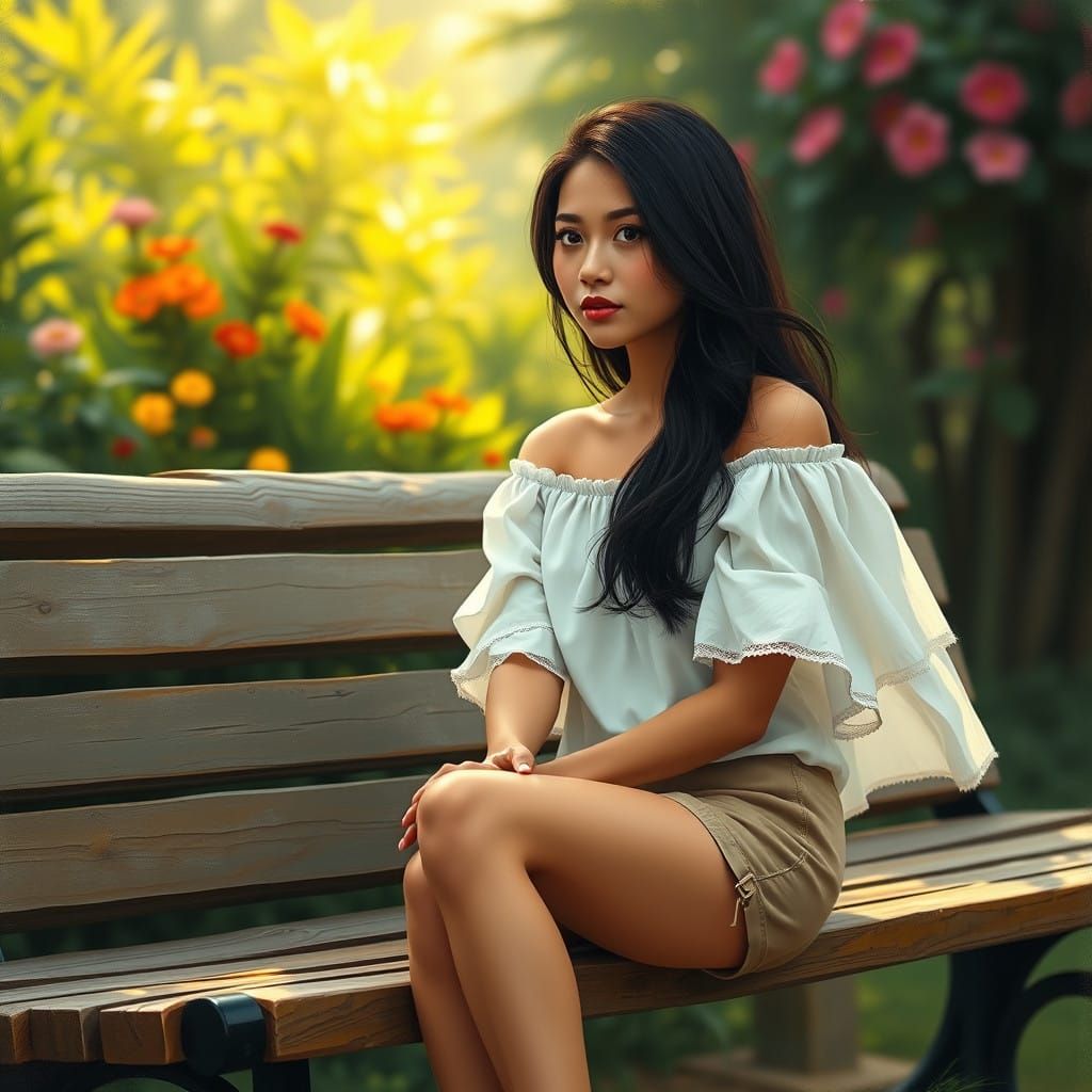 Serenene Filipina Woman on Weathered Park Bench