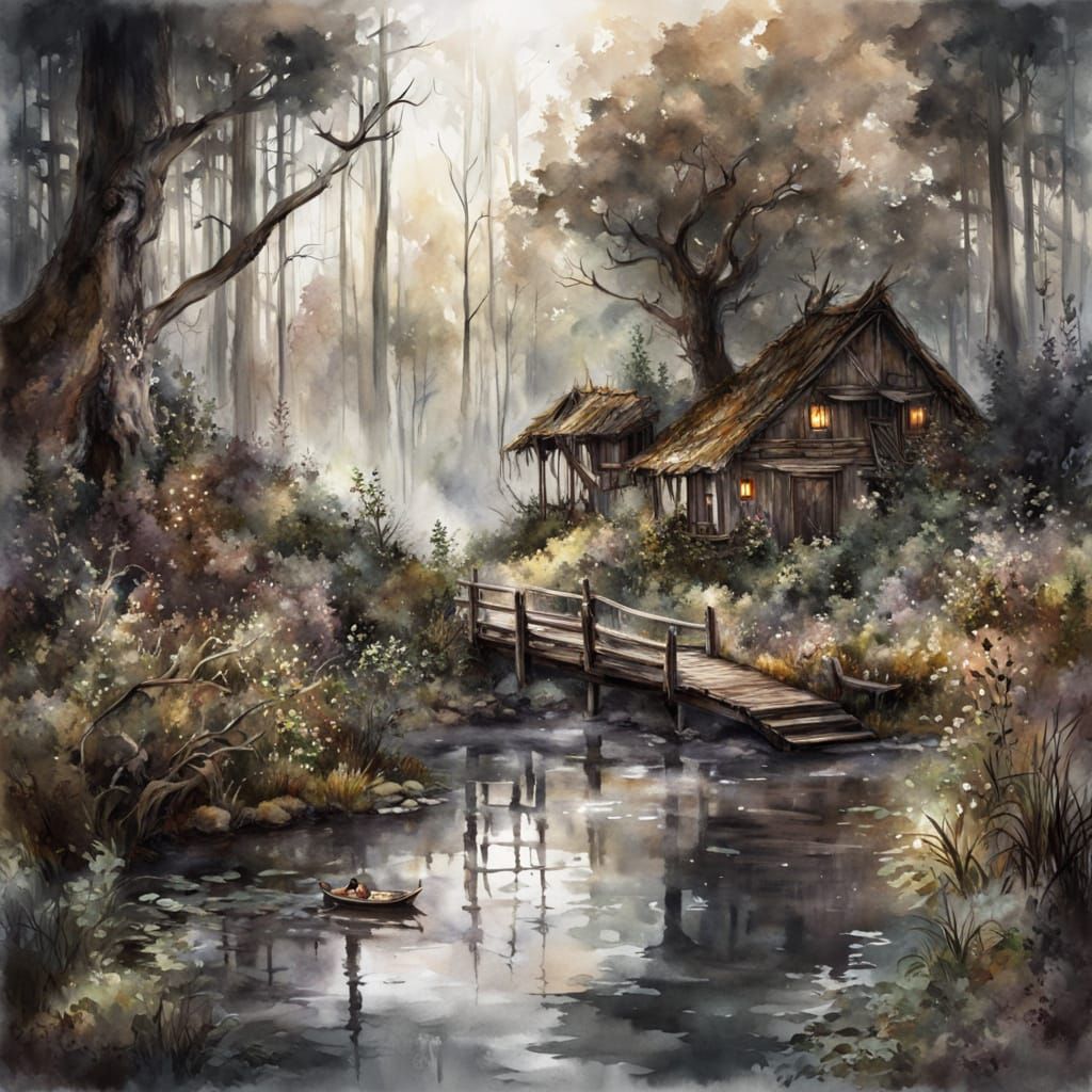 Whimsical Cabin in a Brown and Grey Swamp