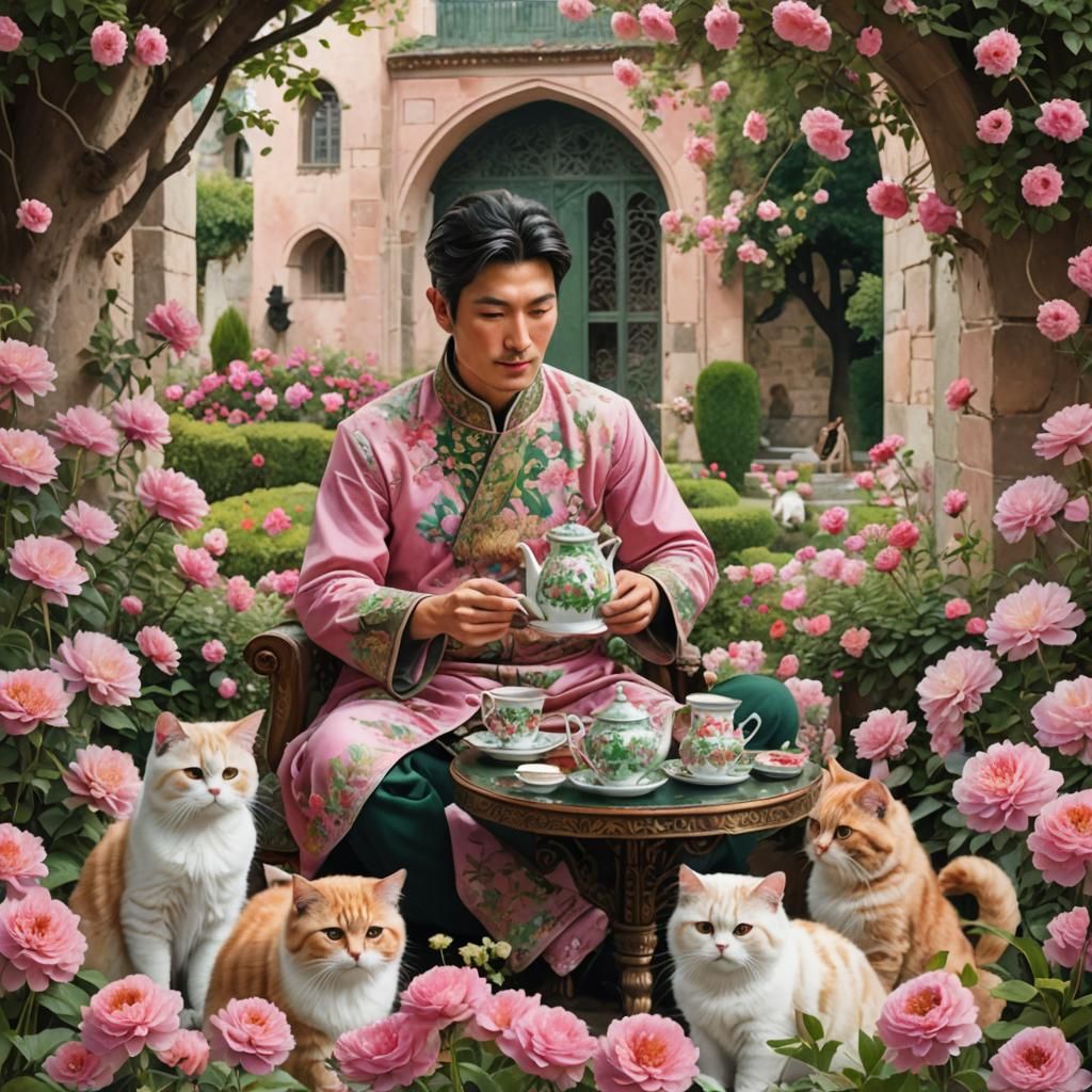 Peaceful Asian Man Drinking Tea with Cats