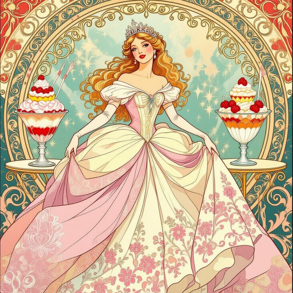 Princess at Whimsical Parfait Party in Art Nouveau Style