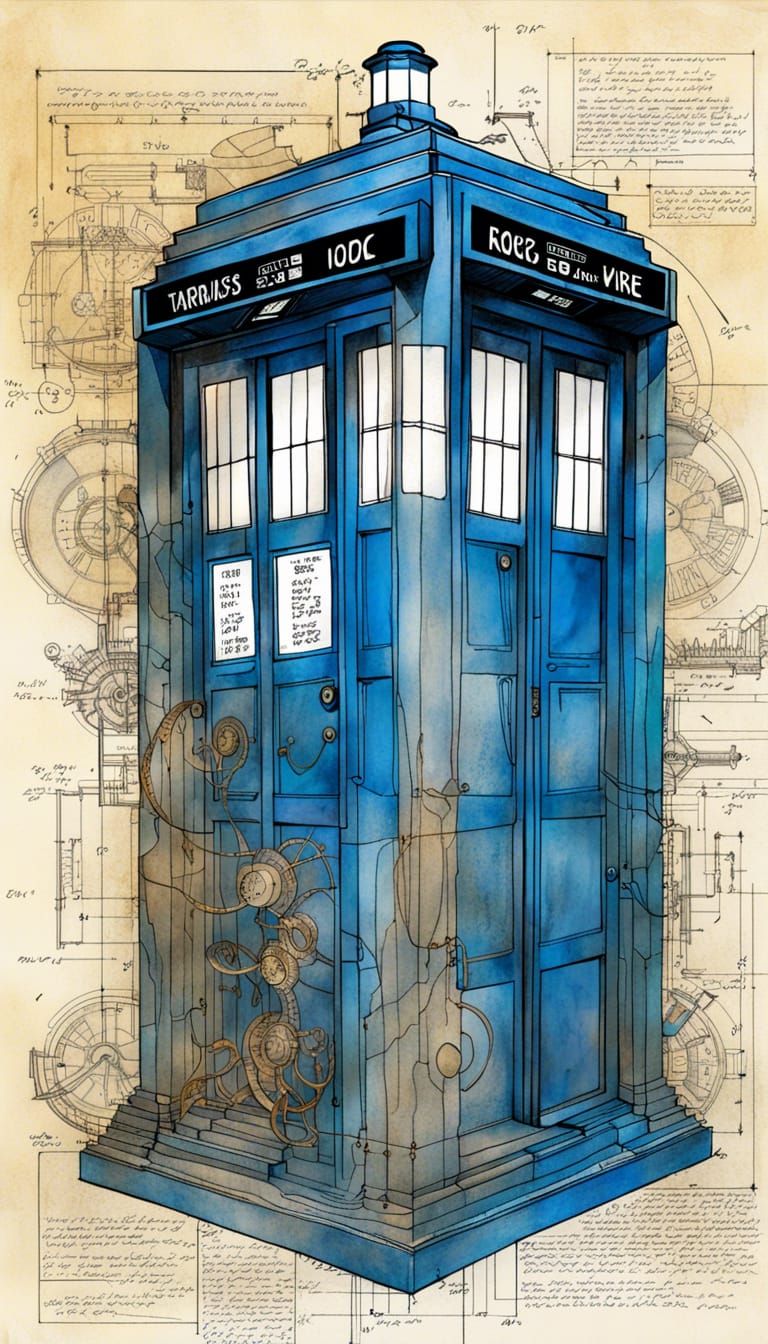 TARDIS in Mixed Media Style with Technical Schematics