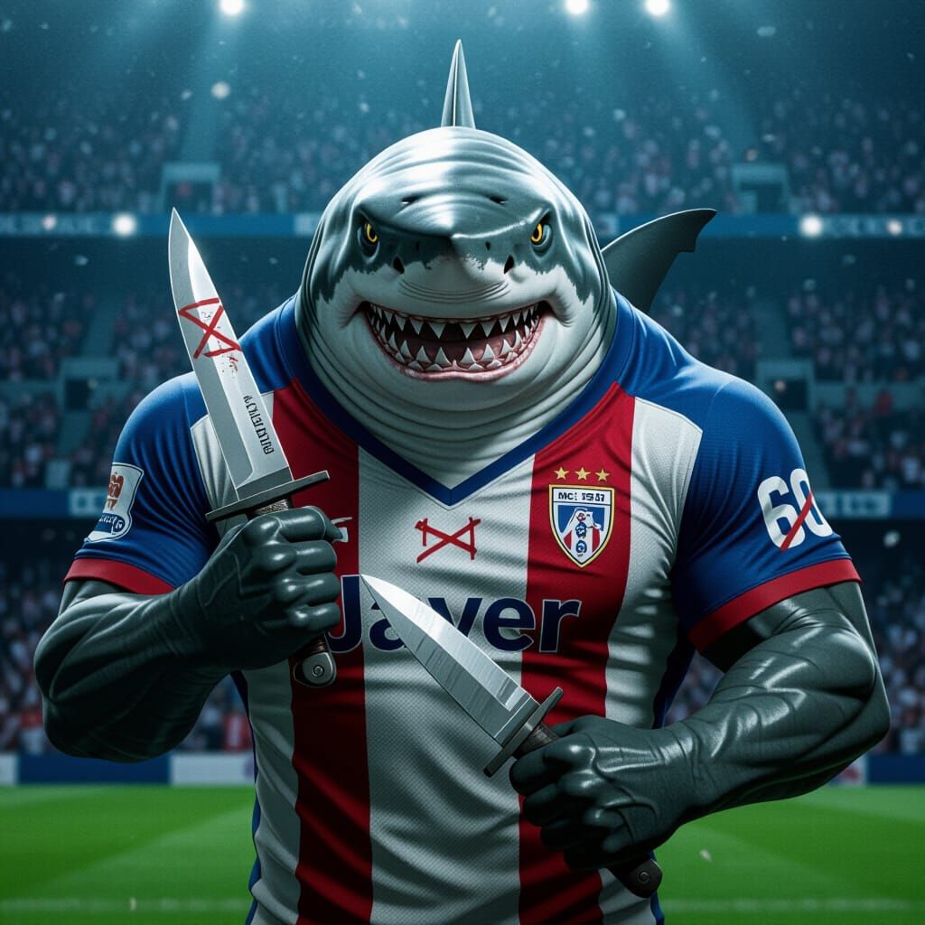 Muscular Shark in Soccer Jersey with Knife, Photorealistic