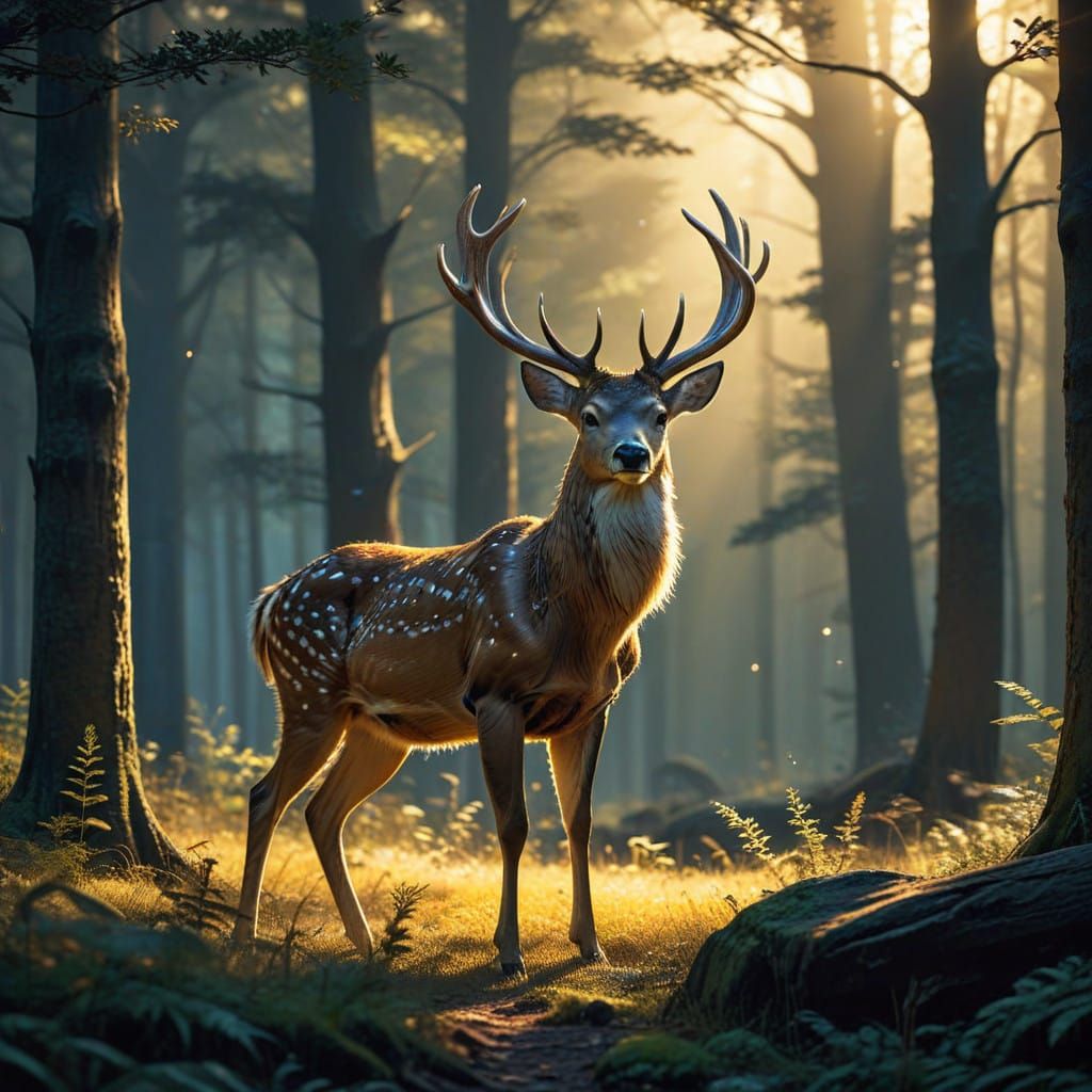 Regal Deer Illuminated in Anime-Inspired Forest Scene